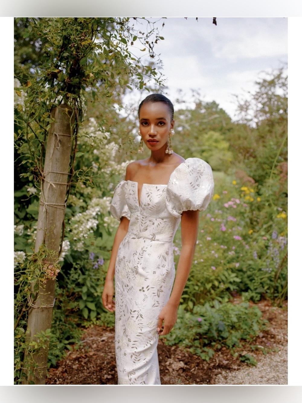 Markarian Yvette Ivory Metallic Brocade Puff Sleeve Corset Bodice Dress Size 0 - Picture 10 of 10
